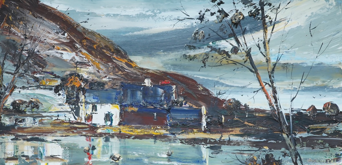 Frank Fitzsimons (Irish, 20th. C) Abstract landscape, signed, impasto oil on board, 37 x 75cm